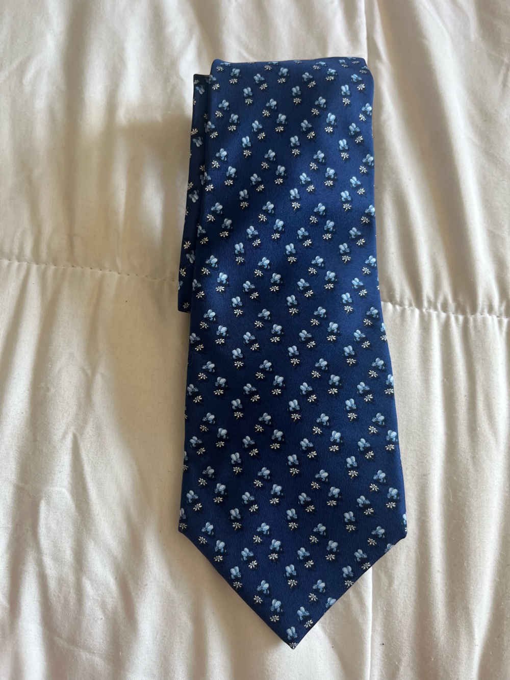 Salvatore Ferragamo Navy Blue Silk Tie with Light Blue Floral Motif